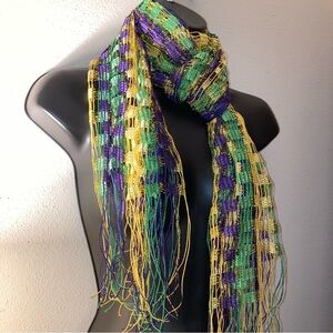 Mardi Gras Scarf New Orleans Purple Green Gold Crochet Woven Fringe Party Wrap